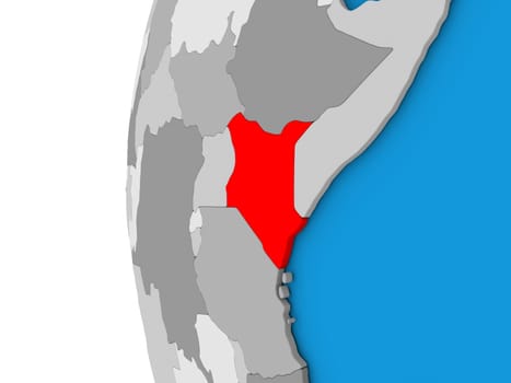 3D map of Kenya focused in red on simple globe. 3D illustration