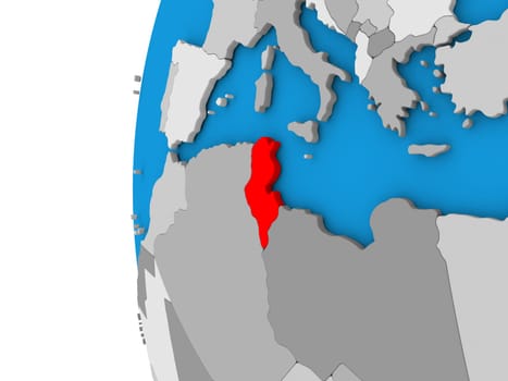 3D map of Tunisia focused in red on simple globe. 3D illustration