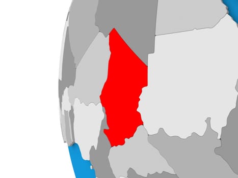 3D map of Chad focused in red on simple globe. 3D illustration