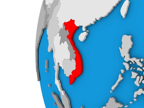 3D map of Vietnam focused in red on simple globe. 3D illustration