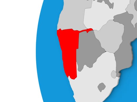 3D map of Namibia focused in red on simple globe. 3D illustration
