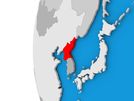 3D map of North Korea focused in red on simple globe. 3D illustration