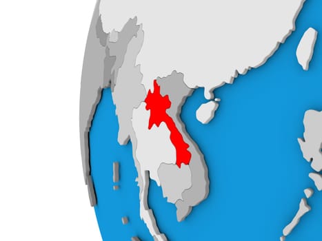 3D map of Laos focused in red on simple globe. 3D illustration