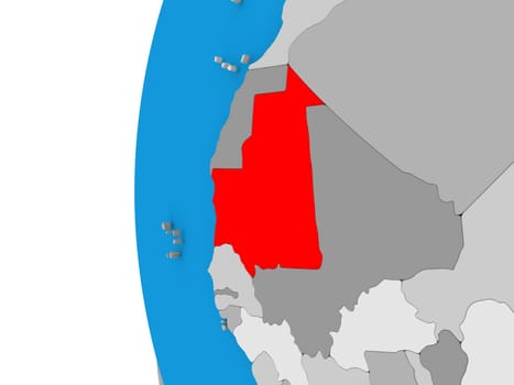3D map of Mauritania focused in red on simple globe. 3D illustration