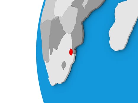 3D map of Swaziland focused in red on simple globe. 3D illustration