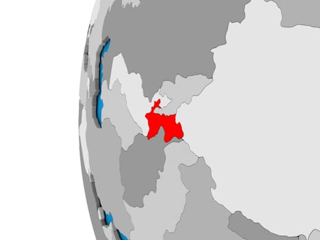 3D map of Tajikistan focused in red on simple globe. 3D illustration