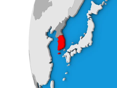 3D map of South Korea focused in red on simple globe. 3D illustration