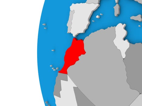 3D map of Morocco focused in red on simple globe. 3D illustration