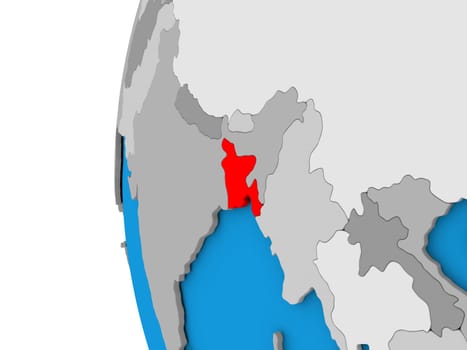 3D map of Bangladesh focused in red on simple globe. 3D illustration
