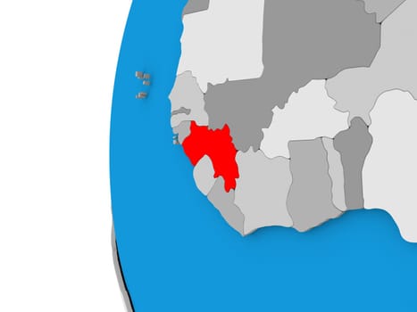 3D map of Guinea focused in red on simple globe. 3D illustration
