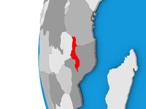 3D map of Malawi focused in red on simple globe. 3D illustration