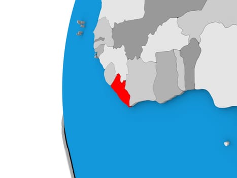3D map of Liberia focused in red on simple globe. 3D illustration