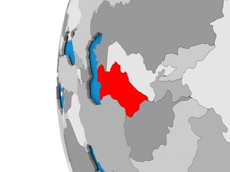 3D map of Turkmenistan focused in red on simple globe. 3D illustration