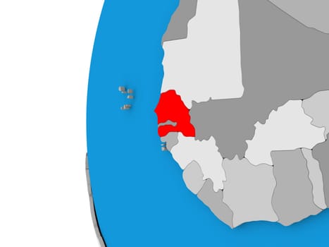 3D map of Senegal focused in red on simple globe. 3D illustration