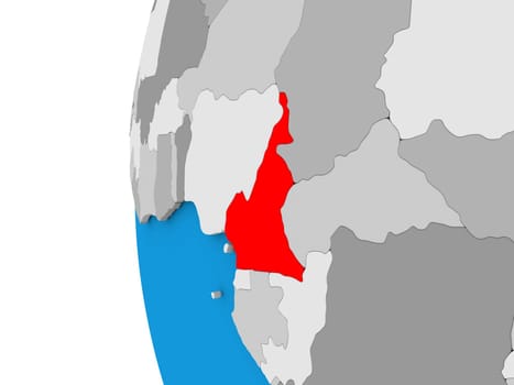 3D map of Cameroon focused in red on simple globe. 3D illustration