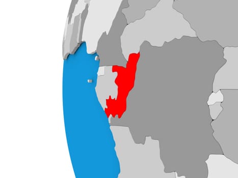 3D map of Congo focused in red on simple globe. 3D illustration