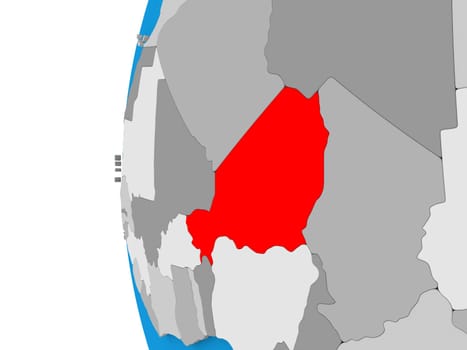 3D map of Niger focused in red on simple globe. 3D illustration