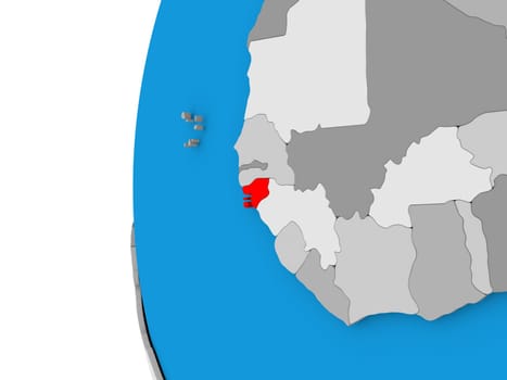 3D map of Guinea-Bissau focused in red on simple globe. 3D illustration