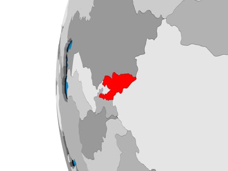 3D map of Kyrgyzstan focused in red on simple globe. 3D illustration