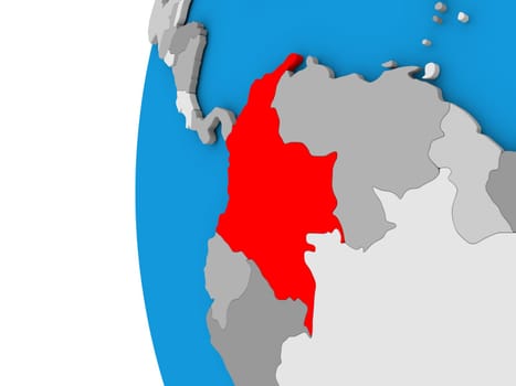 3D map of Colombia focused in red on simple globe. 3D illustration