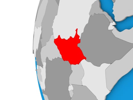 3D map of South Sudan focused in red on simple globe. 3D illustration