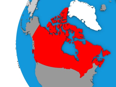 3D map of Canada focused in red on simple globe. 3D illustration