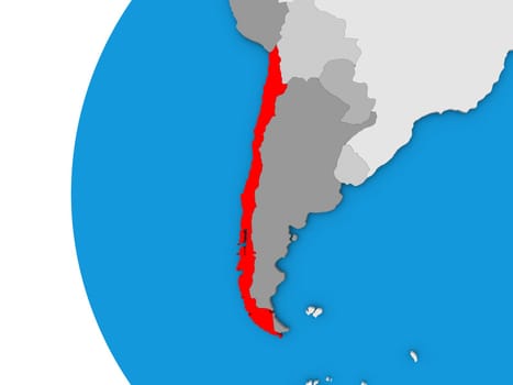 3D map of Chile focused in red on simple globe. 3D illustration