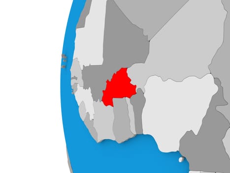 3D map of Burkina Faso focused in red on simple globe. 3D illustration