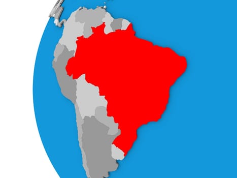 3D map of Brazil focused in red on simple globe. 3D illustration
