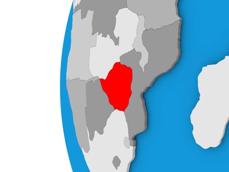 3D map of Zimbabwe focused in red on simple globe. 3D illustration