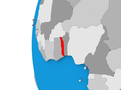 3D map of Togo focused in red on simple globe. 3D illustration