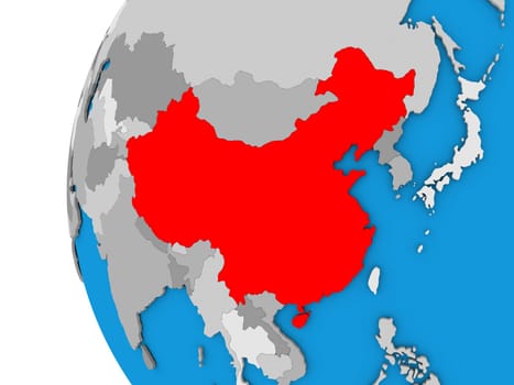 3D map of China focused in red on simple globe. 3D illustration