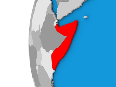 3D map of Somalia focused in red on simple globe. 3D illustration