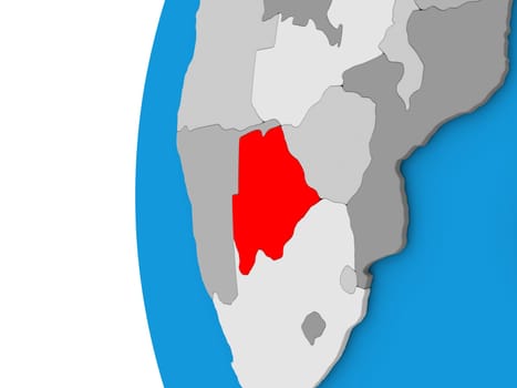3D map of Botswana focused in red on simple globe. 3D illustration