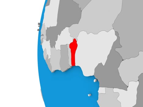 3D map of Benin focused in red on simple globe. 3D illustration