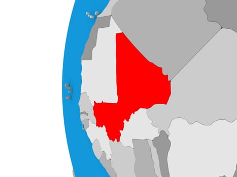 3D map of Mali focused in red on simple globe. 3D illustration