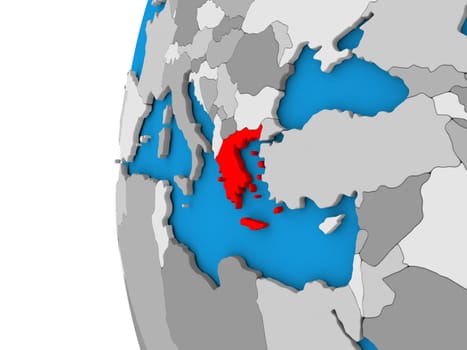3D map of Greece focused in red on simple globe. 3D illustration
