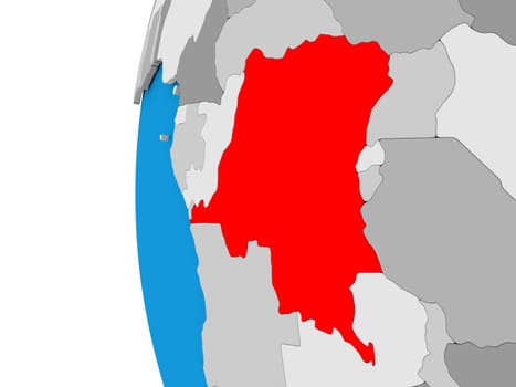 3D map of Democratic Republic of Congo focused in red on simple globe. 3D illustration