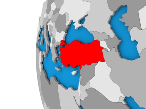 3D map of Turkey focused in red on simple globe. 3D illustration