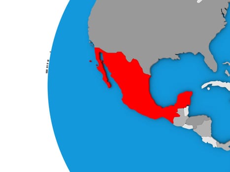 3D map of Mexico focused in red on simple globe. 3D illustration