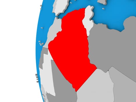 3D map of Algeria focused in red on simple globe. 3D illustration