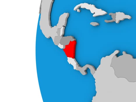 3D map of Nicaragua focused in red on simple globe. 3D illustration