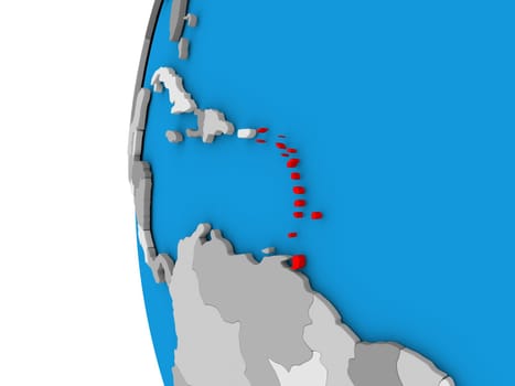 3D map of Caribbean focused in red on simple globe. 3D illustration