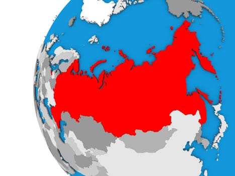 3D map of Russia focused in red on simple globe. 3D illustration