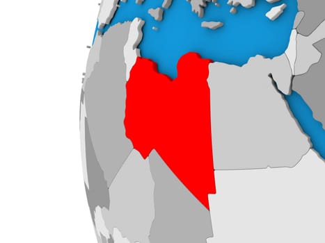 3D map of Libya focused in red on simple globe. 3D illustration