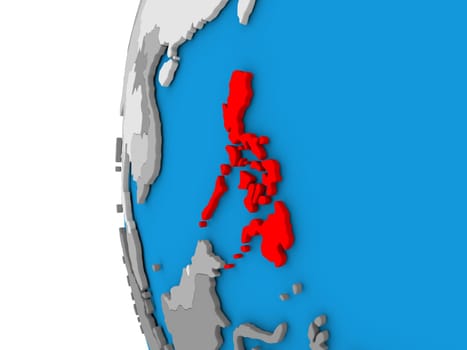 3D map of Philippines focused in red on simple globe. 3D illustration