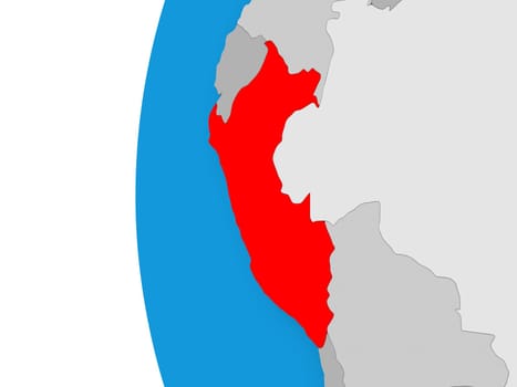 3D map of Peru focused in red on simple globe. 3D illustration