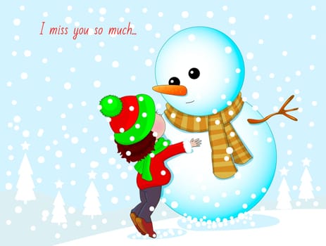 Little girl and snowman. Baby hugging a snowman.