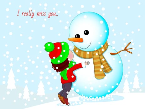 Little girl and snowman. Baby hugging a snowman.
