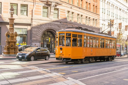 San Francisco, CA, USA, october 23, 2016: Historical tram operating along city streets.